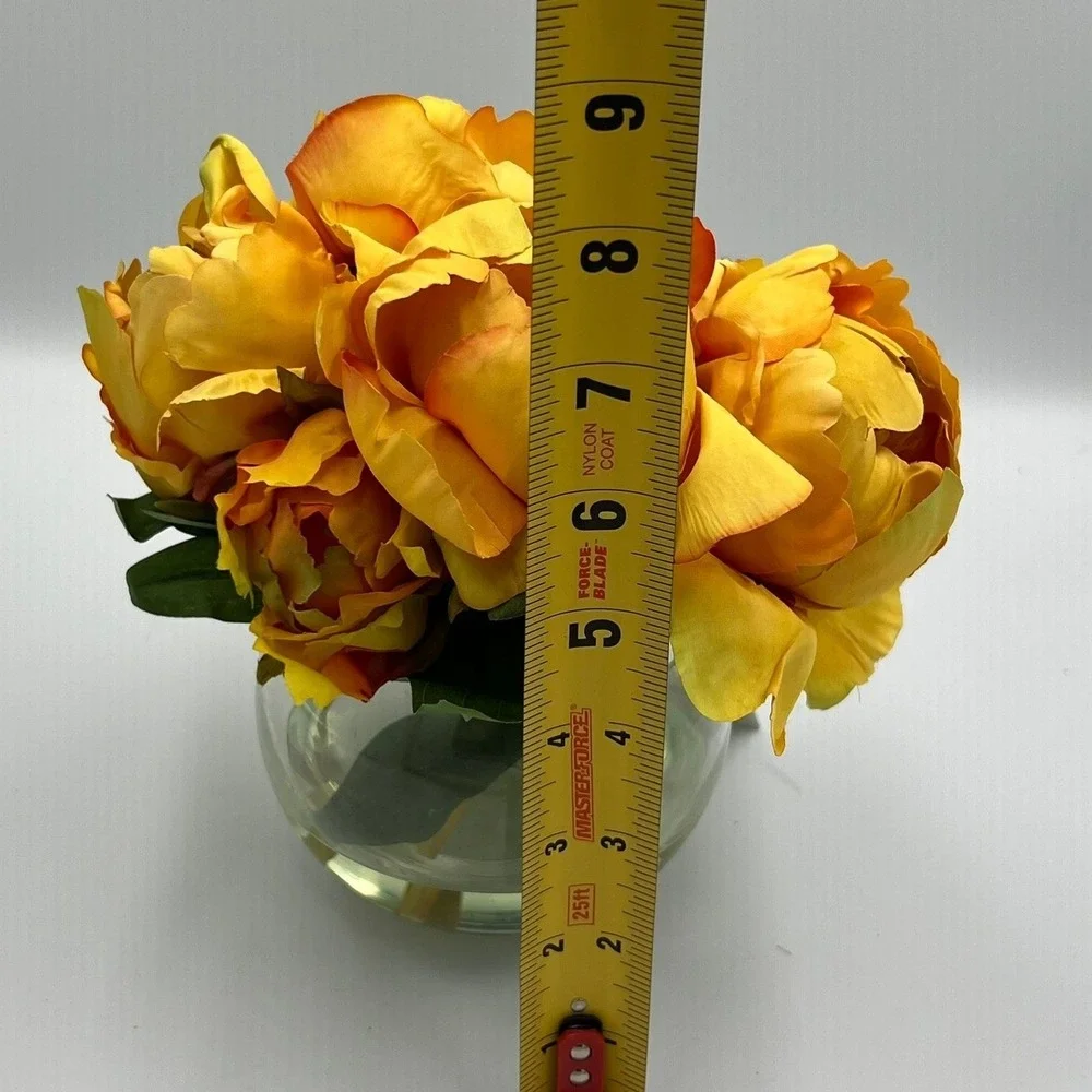 Faux Peony Arrangement OS Yellow Brand New Silk Flowers Glass Vase